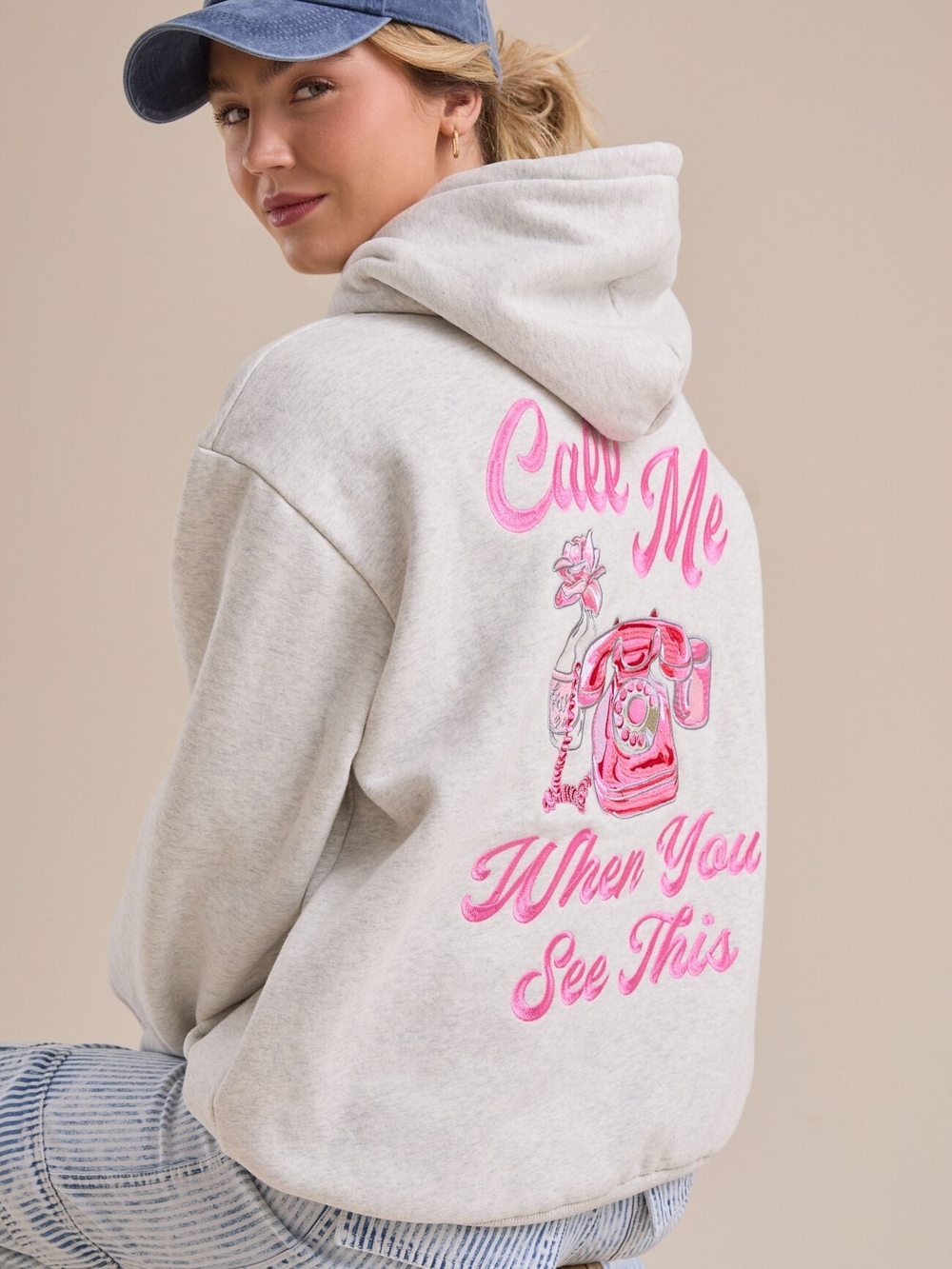 Altar'd State Light Gray Hoodie with Pink Retro Phone Embroidery